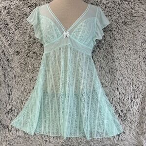 Betsey Johnson Chemise Green Sheer Lace Floral Ruffle Fairy Lingerie Coquette M
